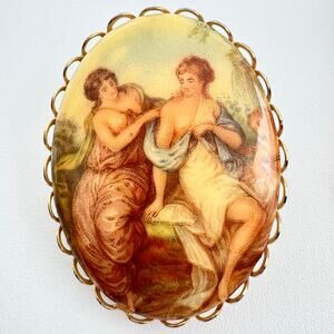 Vintage Victorian Revival Grecian Ladies Cherub Transfer Framed Brooch Romantic